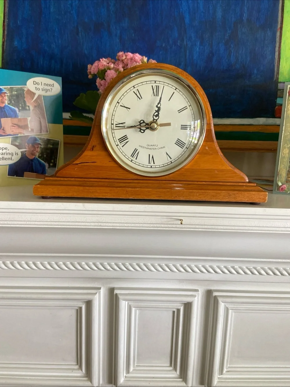 Vintage Westminster Oak Wood Mantel Clock in Honey Brown